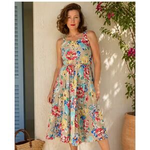 Vintage 80s Floral Sundress Tan Red Knee Length Made USA Small Summer vibes